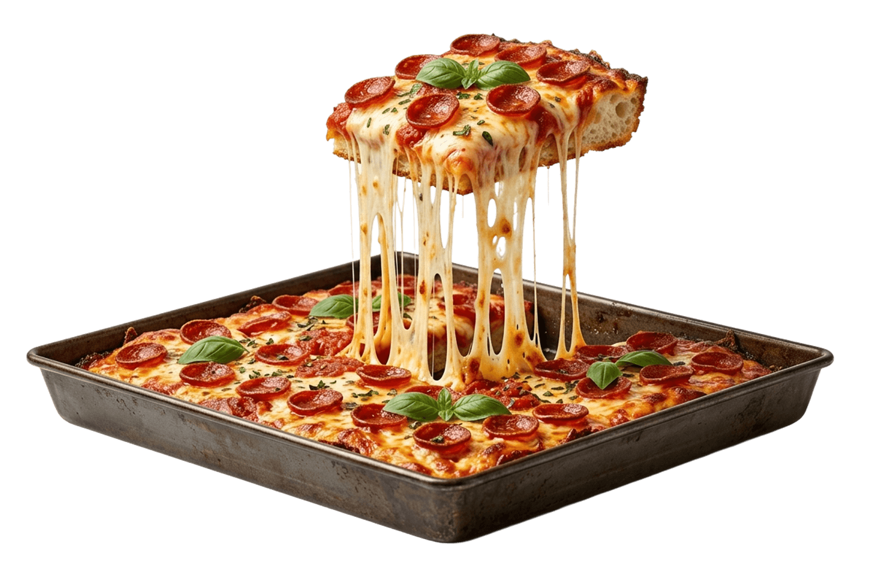 Detroit-style pizza with cheese pull