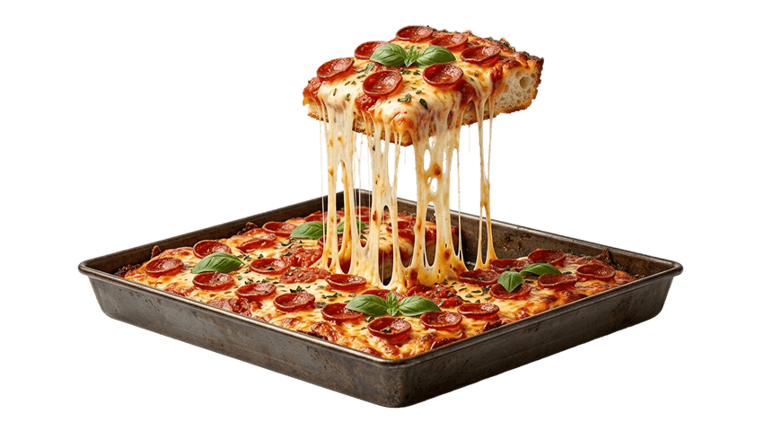 Detroit-style pizza with cheese pull